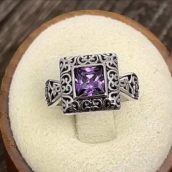 Sterling Silver Ornate Square Cut Amethyst CZ Ring New - Picture 2 of 11